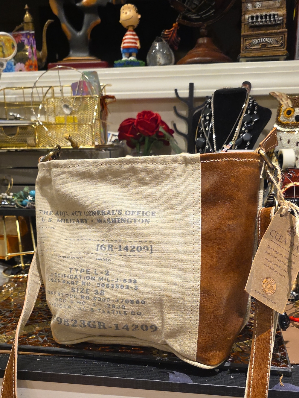Canvas and Brown Leather Two-Tone Messenger Bag
